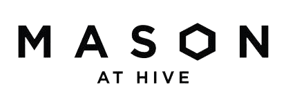 A black and white image with the words "MASON AT HIVE" written in bold letters.